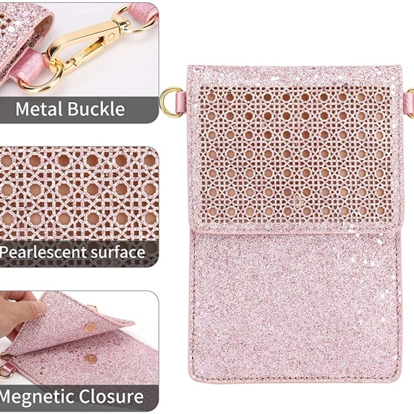 LAST ONE! Cellphone Crossbody Bag PU Leather NEW Pink Glitter - Picture 3 of 7